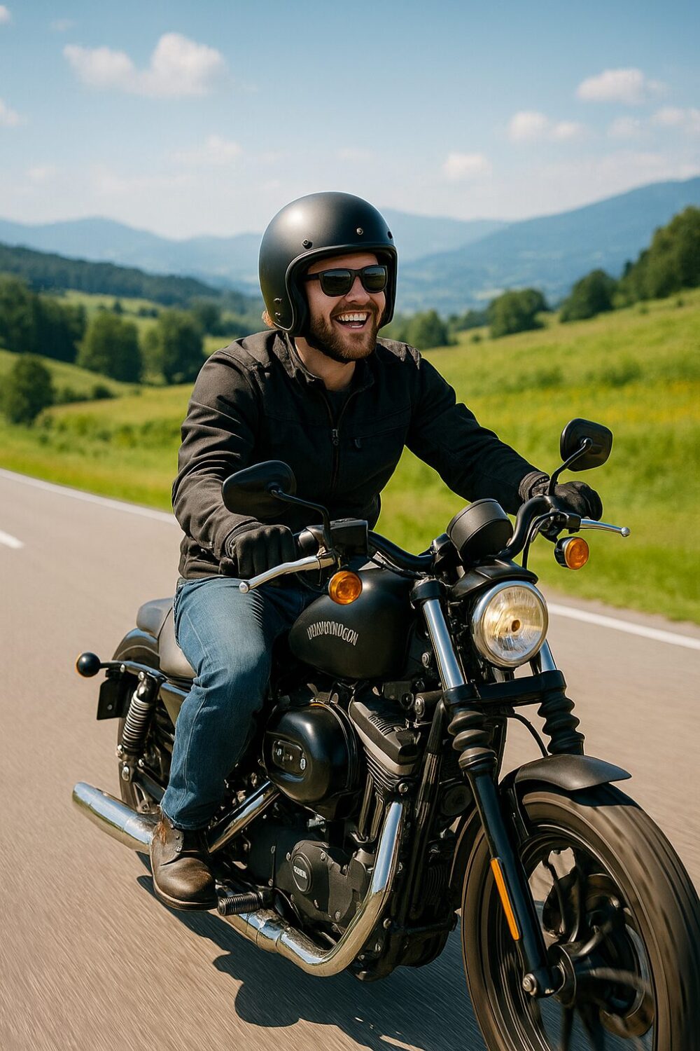 0代の男性ライダーが大型バイクを楽しそうに運転している様子